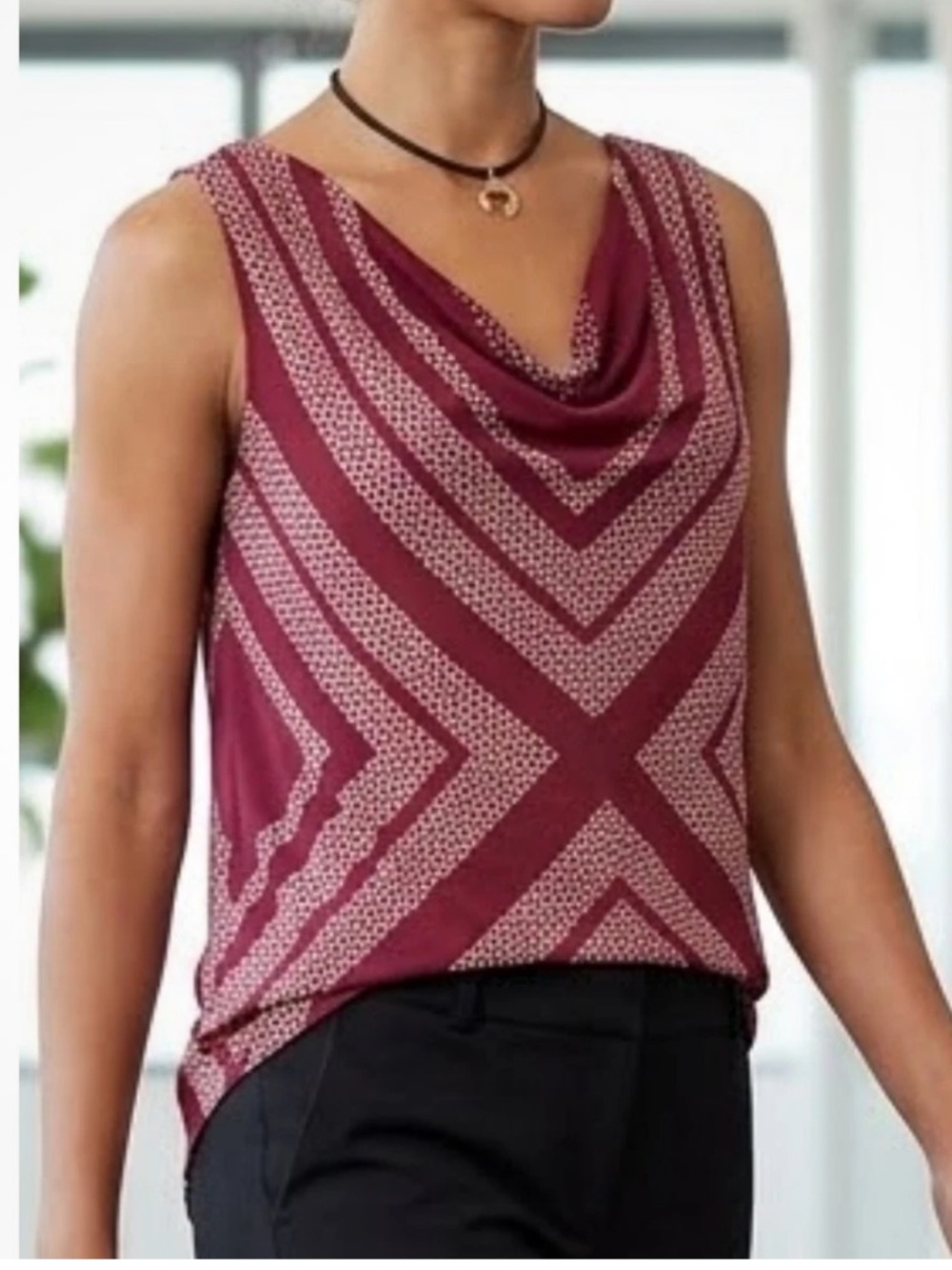 CAbi Maroon Geo Circle Print Draped Neck Tank Top Style 3084 Size Small